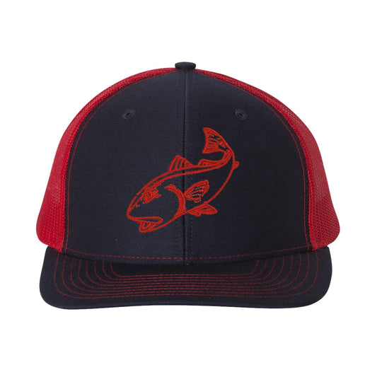 Redfish Navy/Red mesh Structured Trucker Hat w/Red Logo