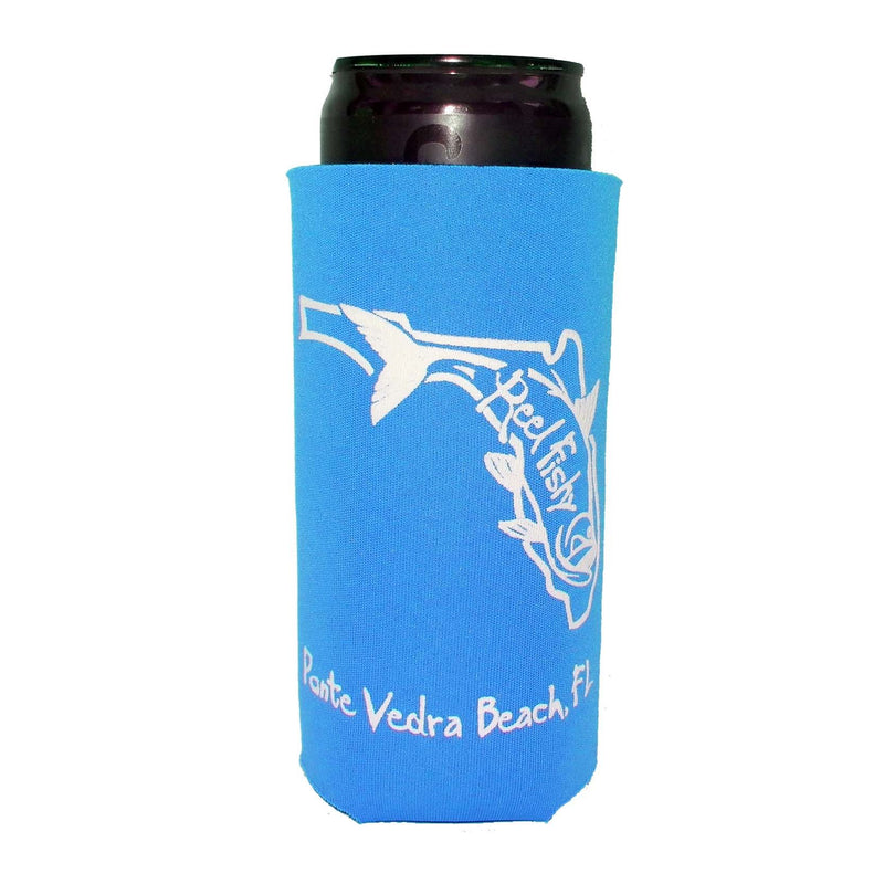 Neon Blue Skinny Koozie with State of Florida Reel Fishy Tarpon Logo