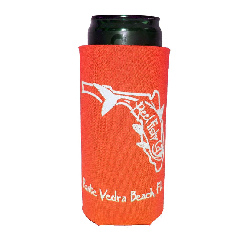 Neon Orange Skinny Koozie with State of Florida Reel Fishy Tarpon Logo