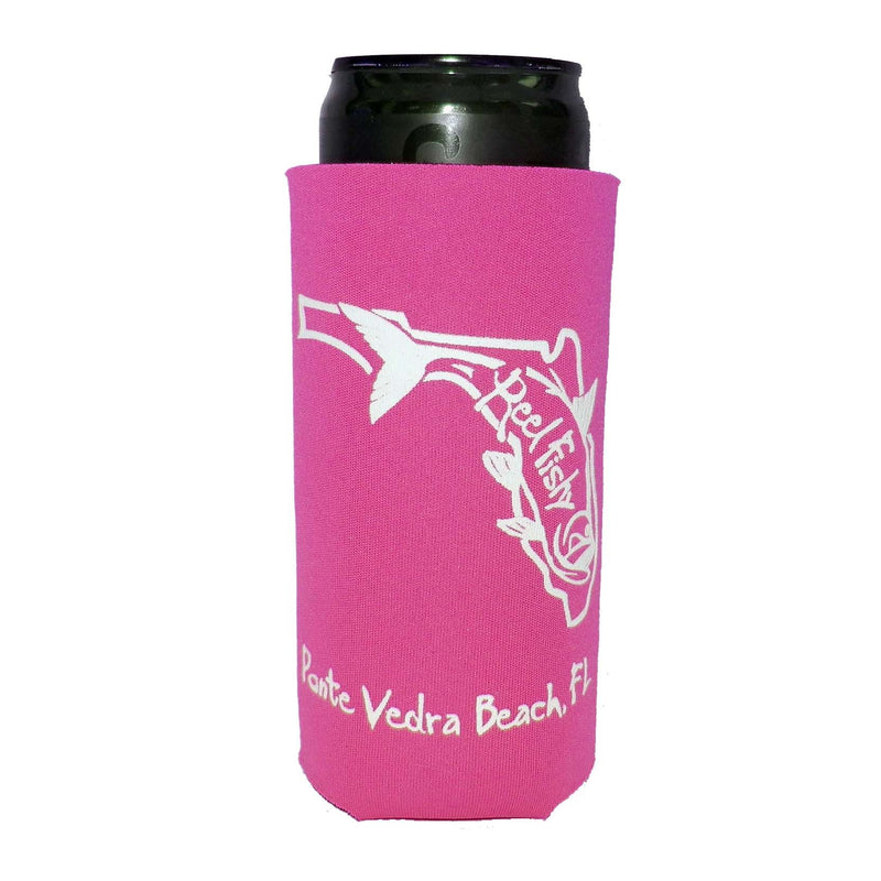 Neon Pink Skinny Koozie with State of Florida Reel Fishy Tarpon Logo