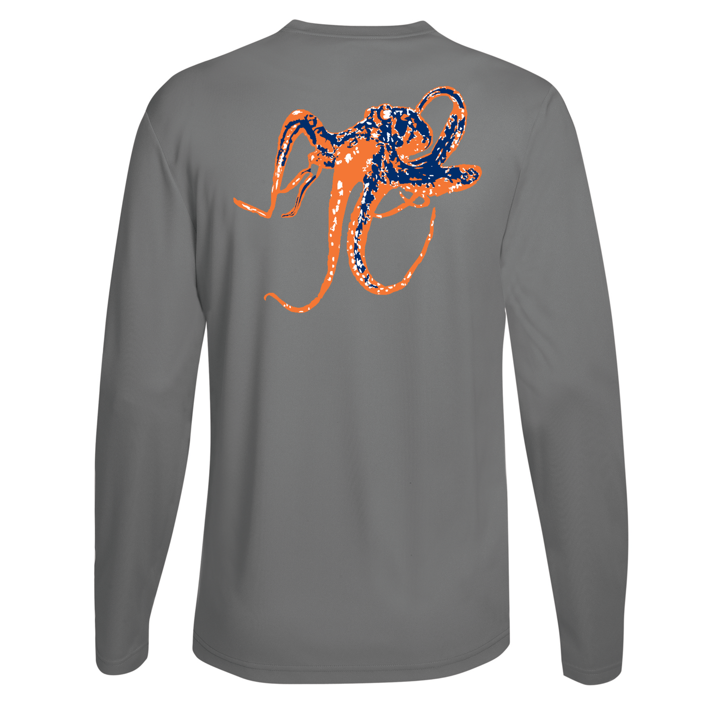 Unisex gray long sleeve performance shirt with octopus graphic