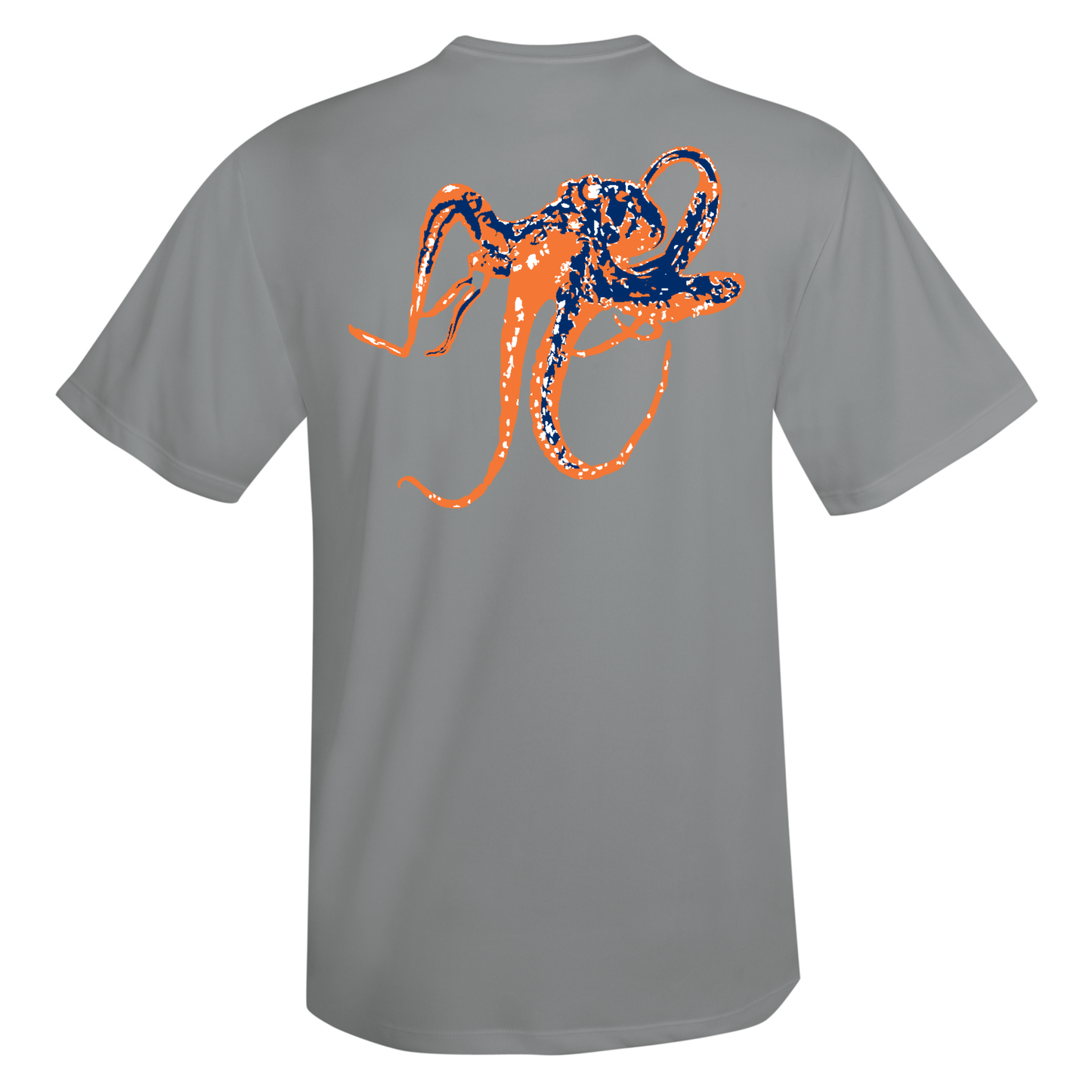 Unisex gray short sleeve performance shirt with octopus graphic