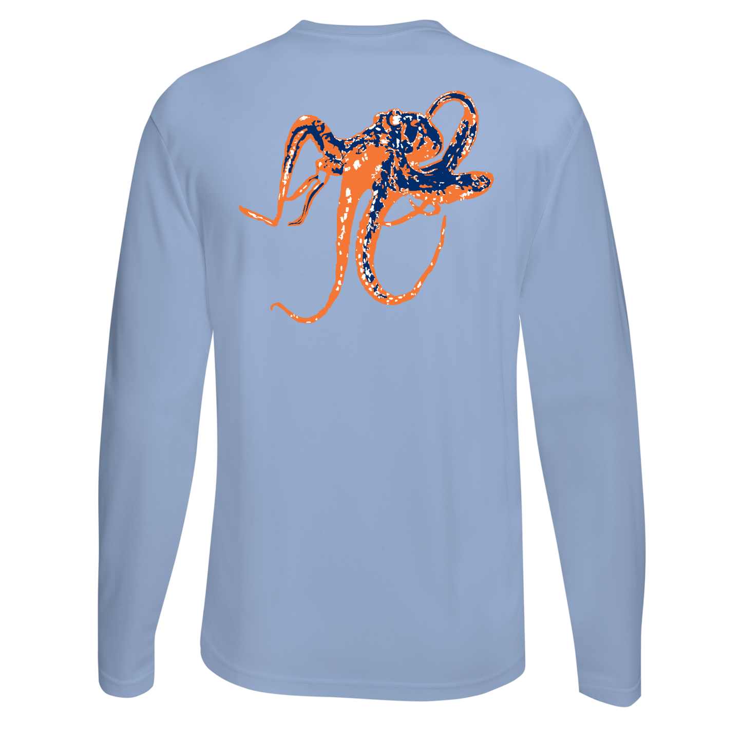 Unisex light blue long sleeve performance shirt with octopus graphic