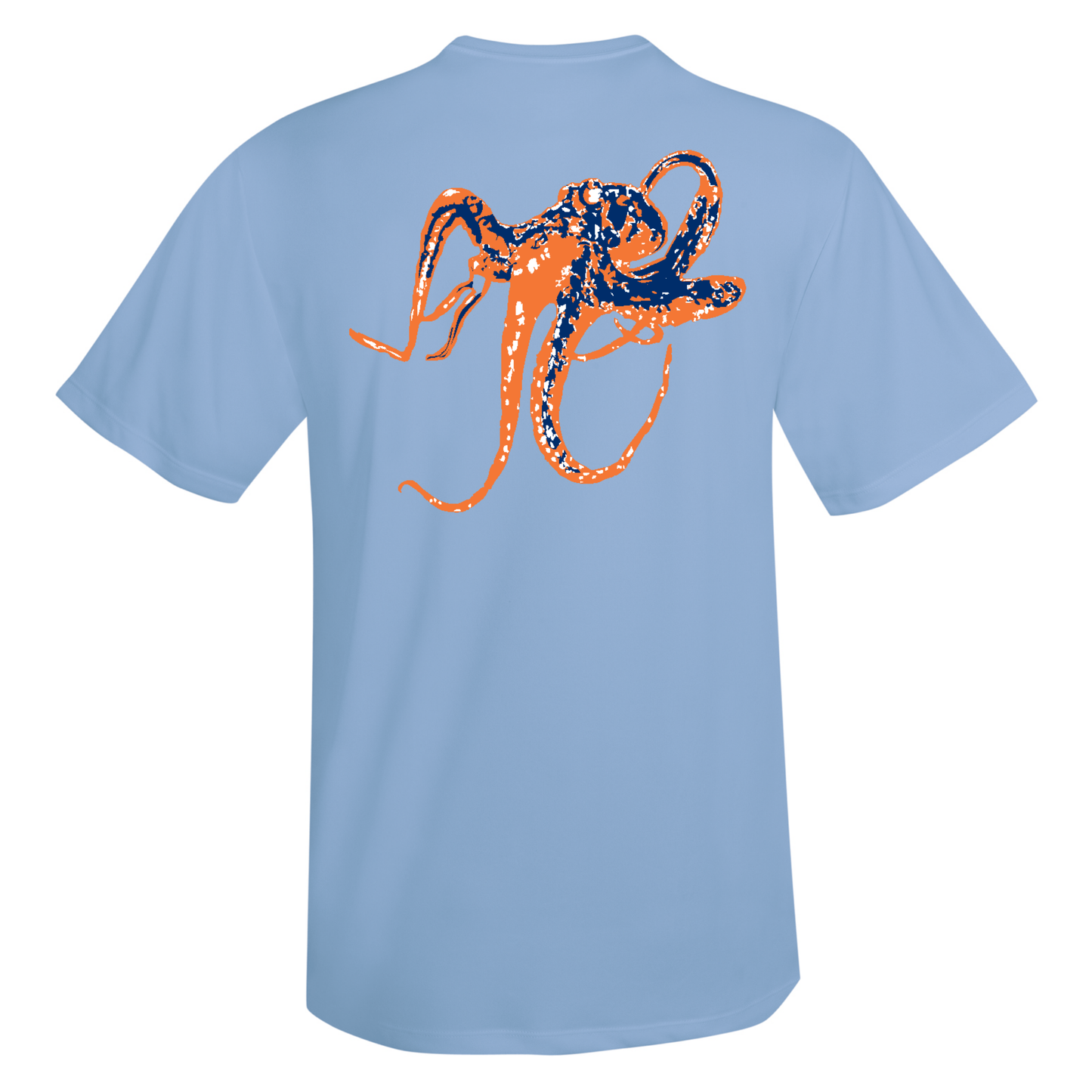 Unisex light blue short sleeve performance shirt with octopus graphic