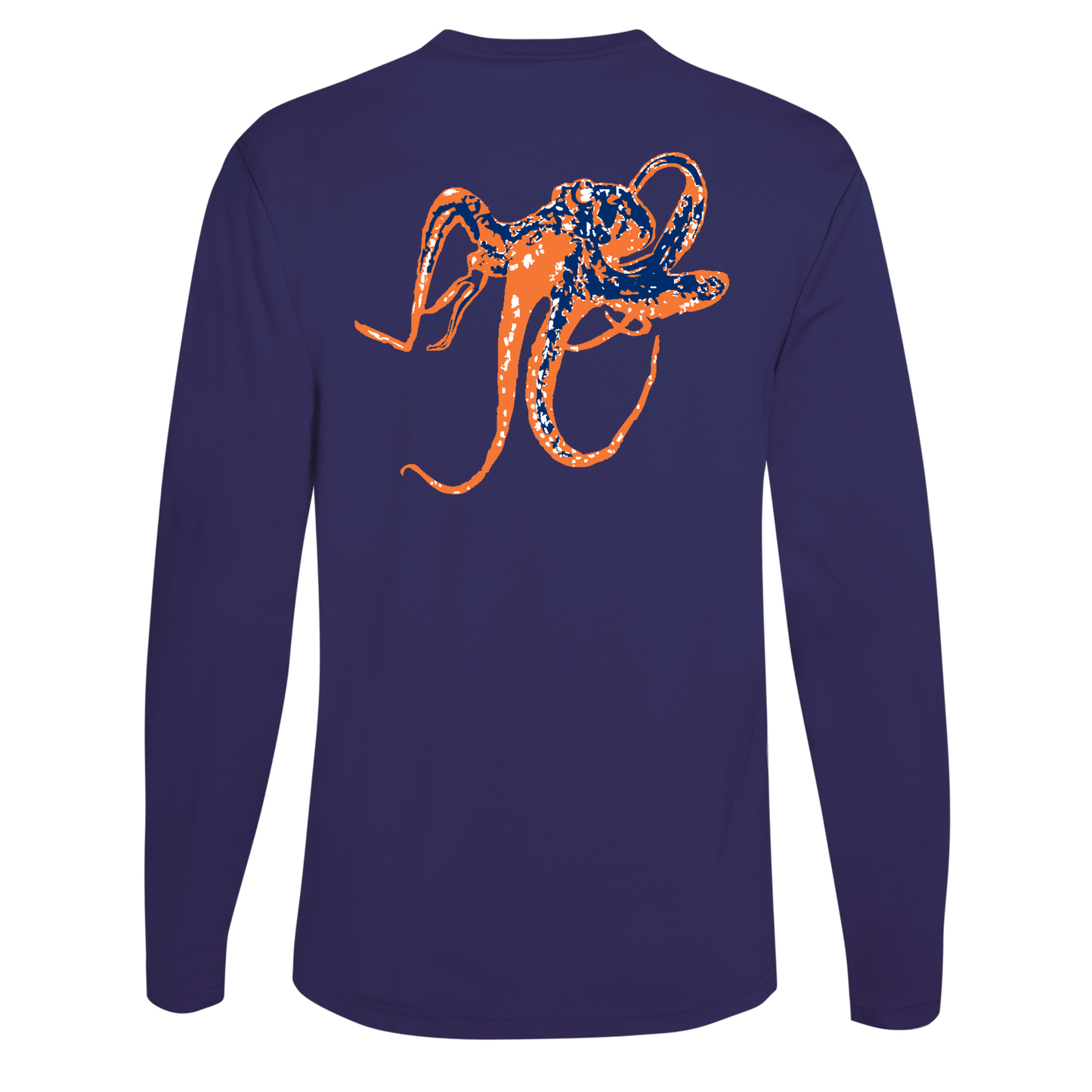 Unisex navy long sleeve performance shirt with orange octopus graphic