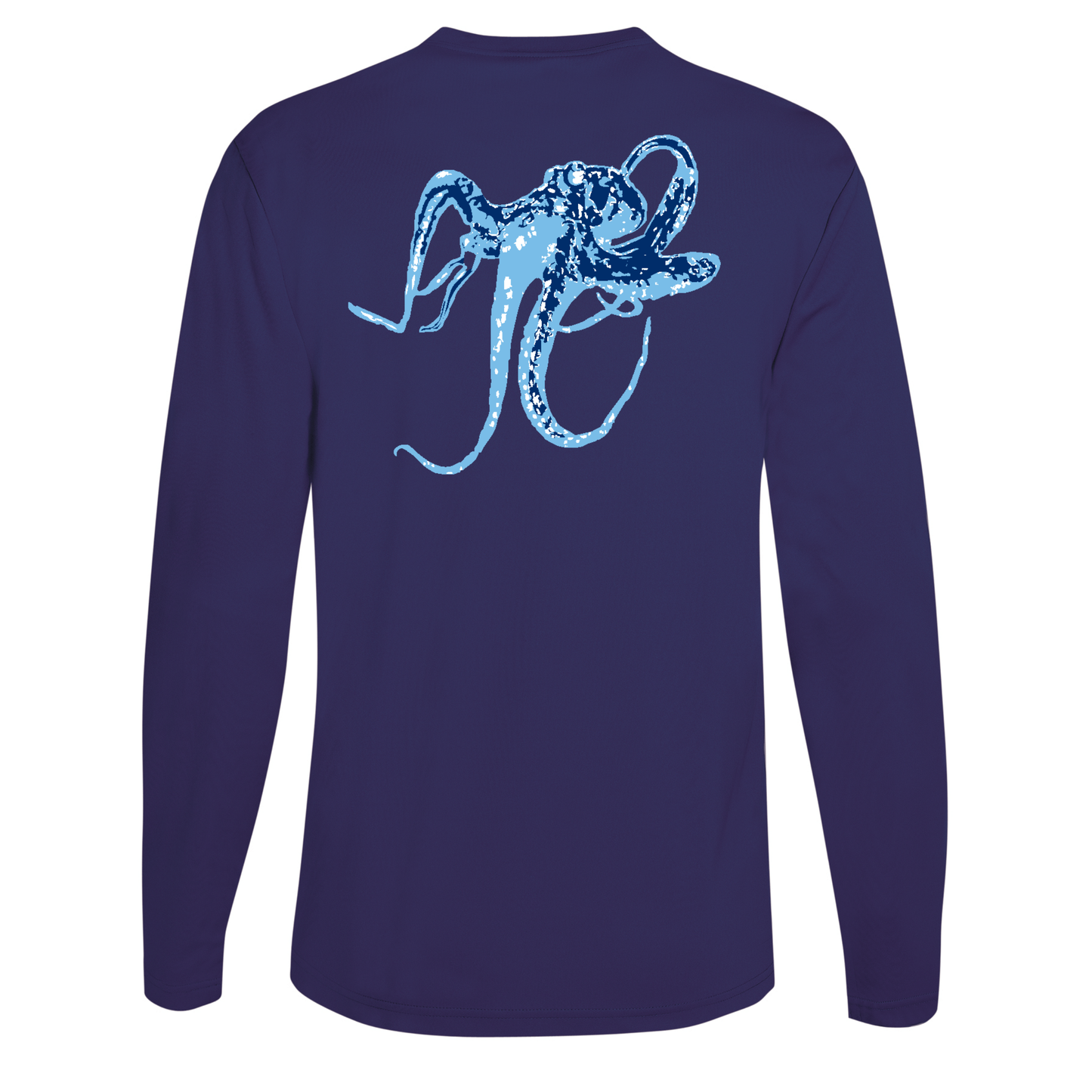 Unisex navy long sleeve performance shirt with blue octopus graphic