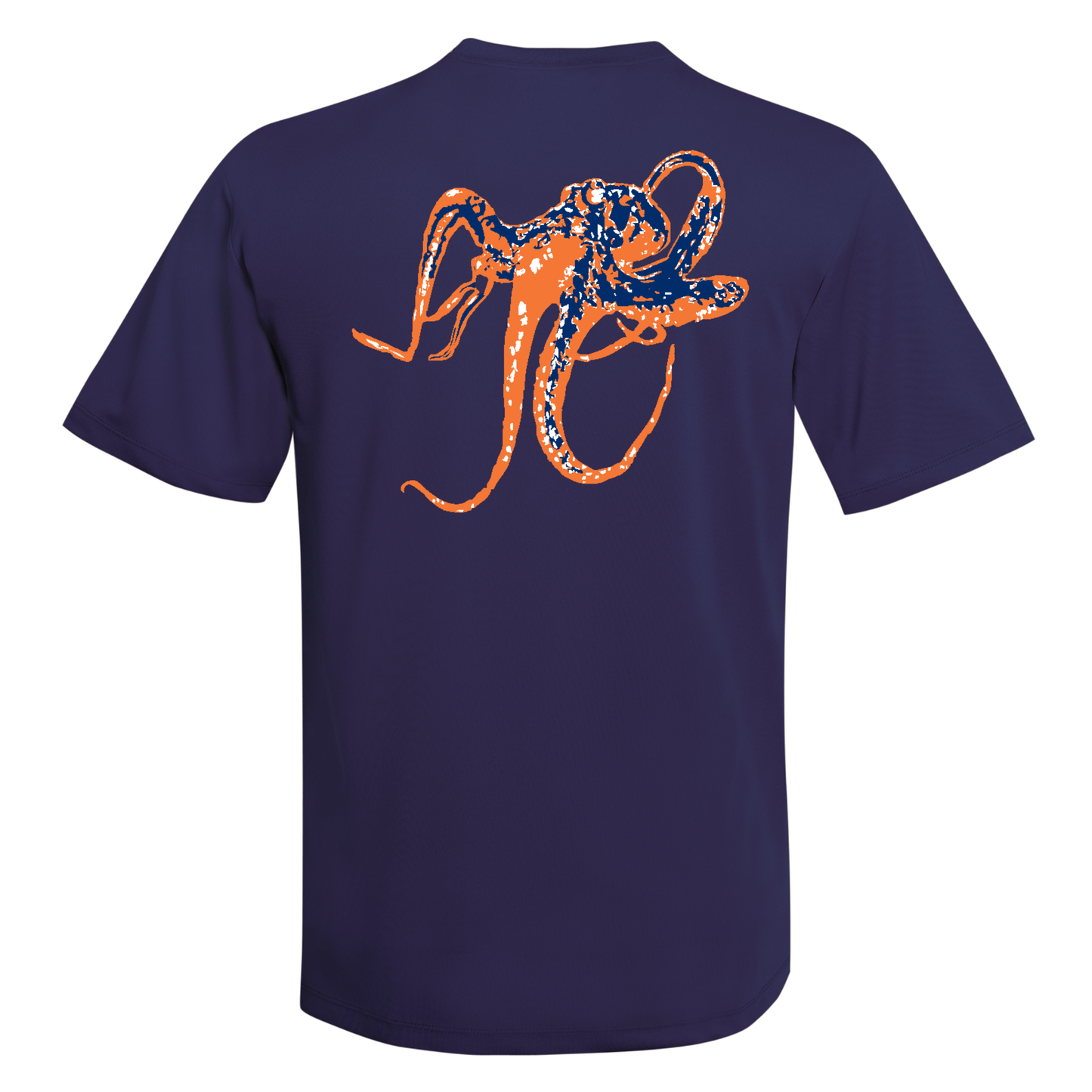 Unisex navy short sleeve performance shirt with orange octopus graphic