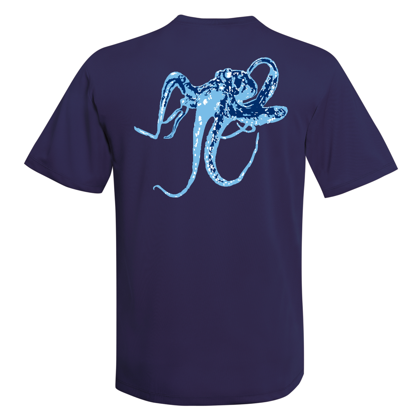 Unisex navy short sleeve performance shirt with blue octopus graphic