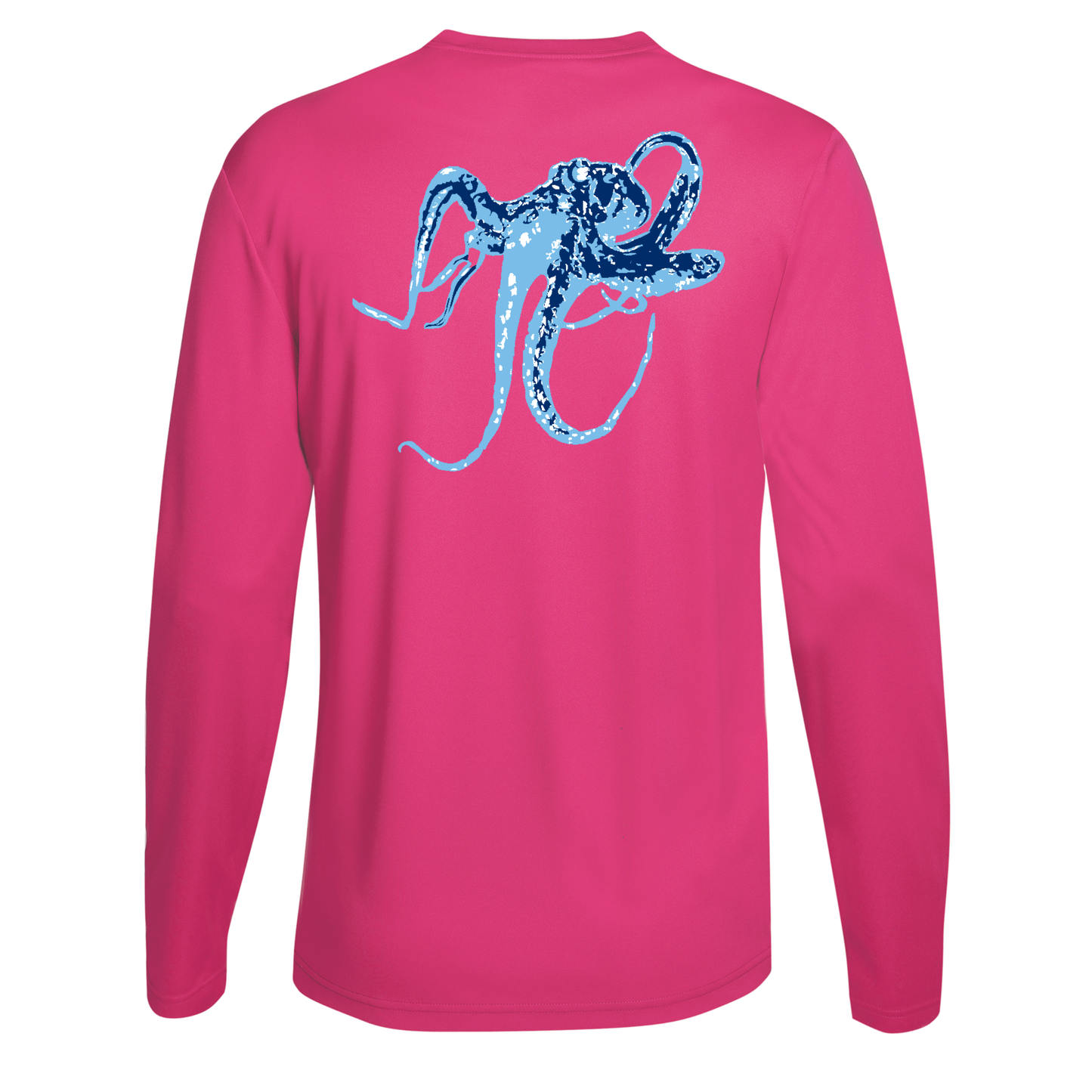 Unisex pink long sleeve performance shirt with octopus graphic