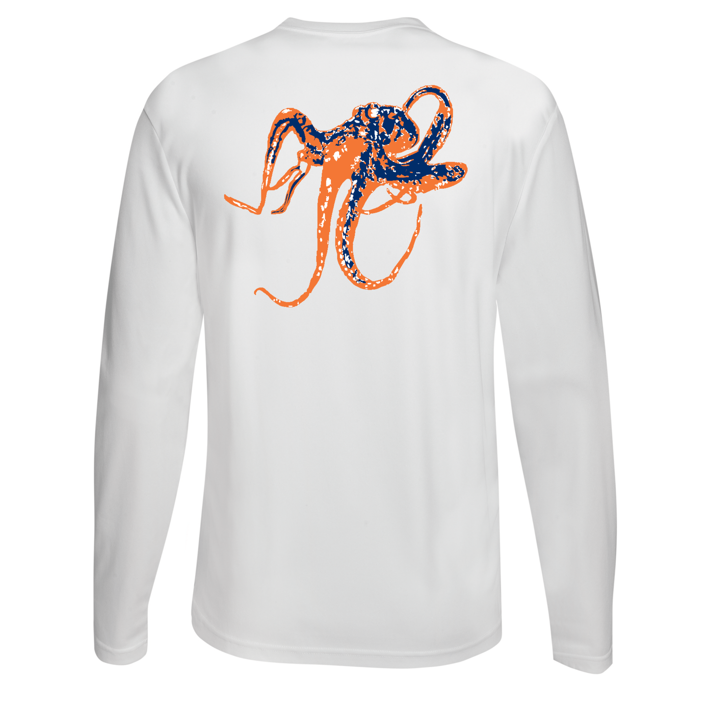 Unisex white long sleeve performance shirt with orange octopus graphic