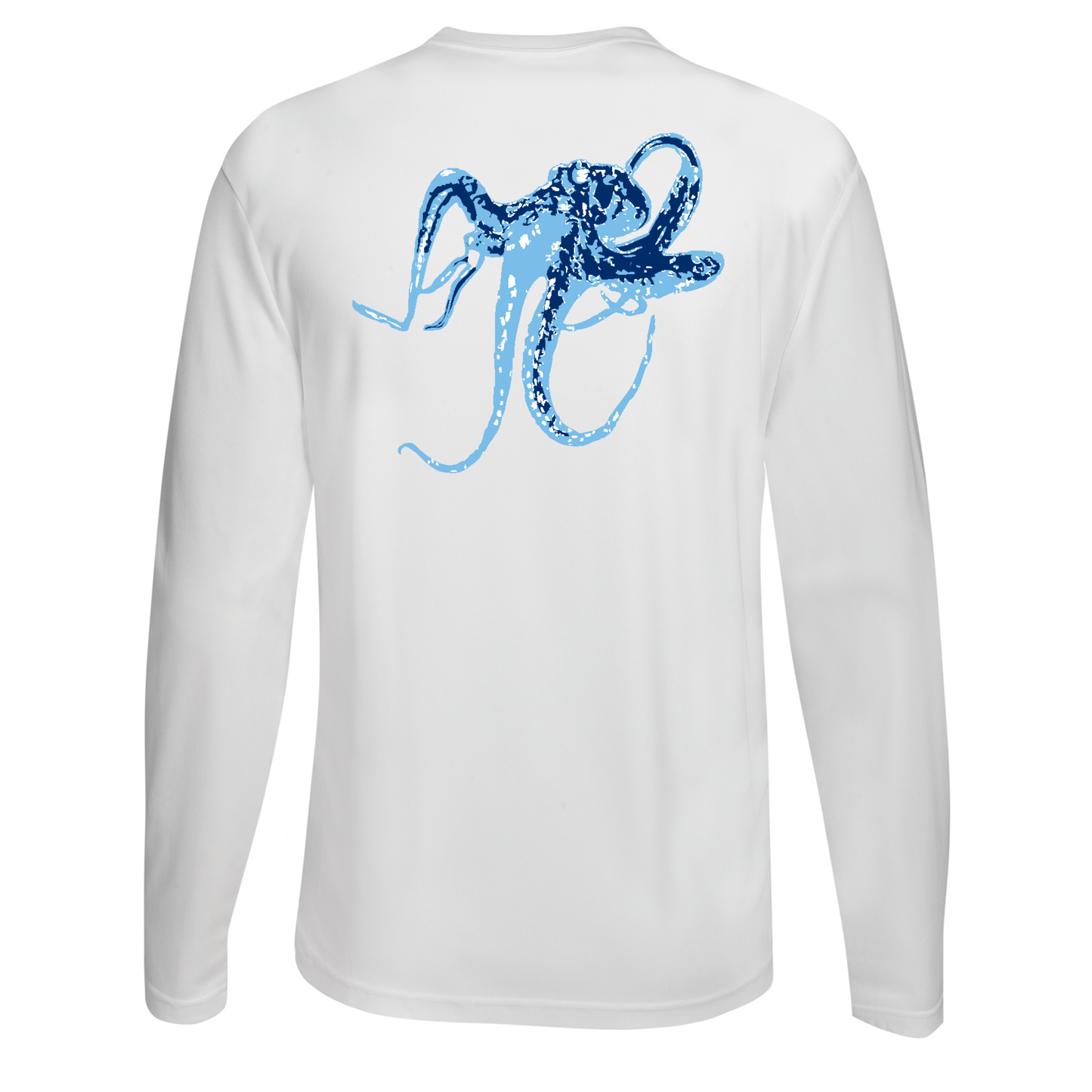 Unisex white long sleeve performance shirt with blue octopus graphic