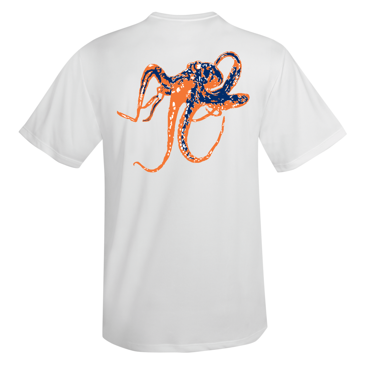 Unisex white short sleeve performance shirt with orange octopus graphic