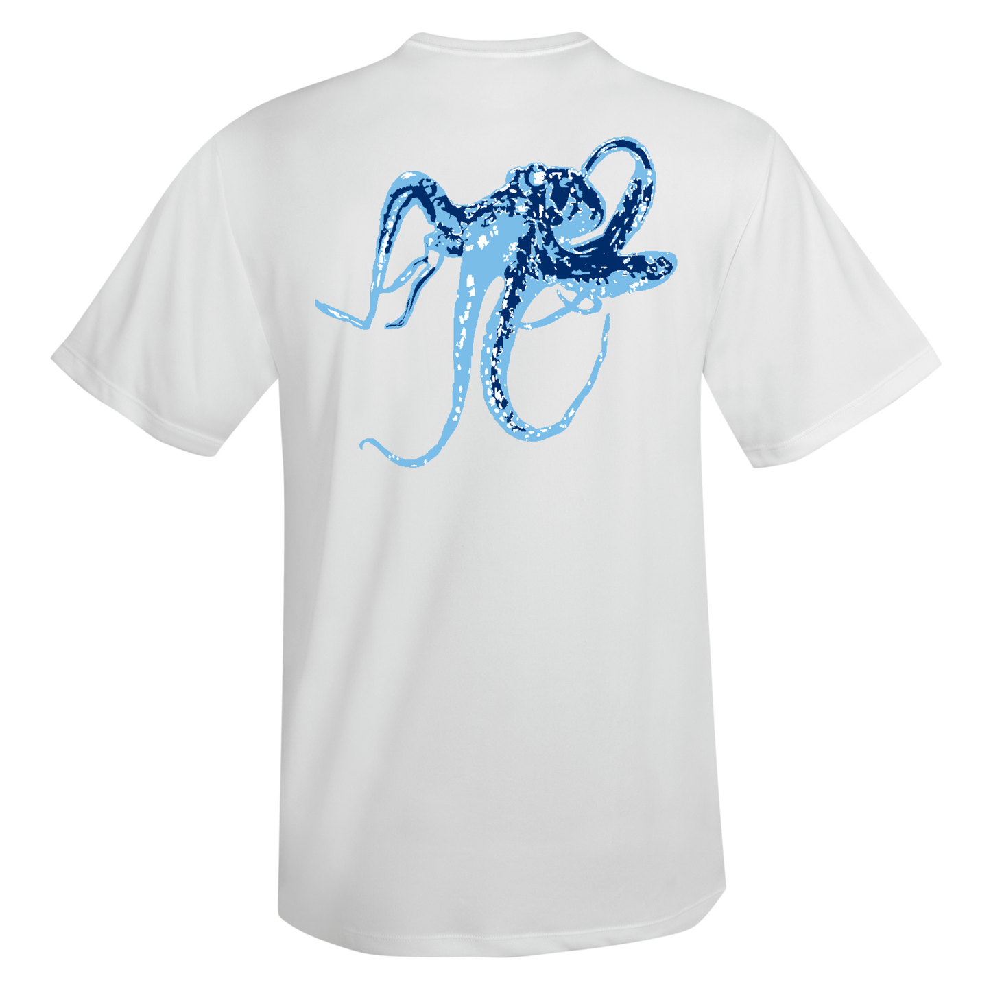 Unisex white short sleeve performance shirt with blue octopus graphic