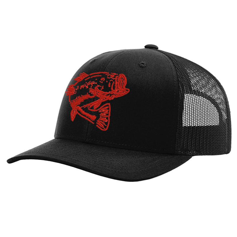 Red Bass on Solid Black Trucker Hat on Richardson 112 by Reel Fishy Apparel