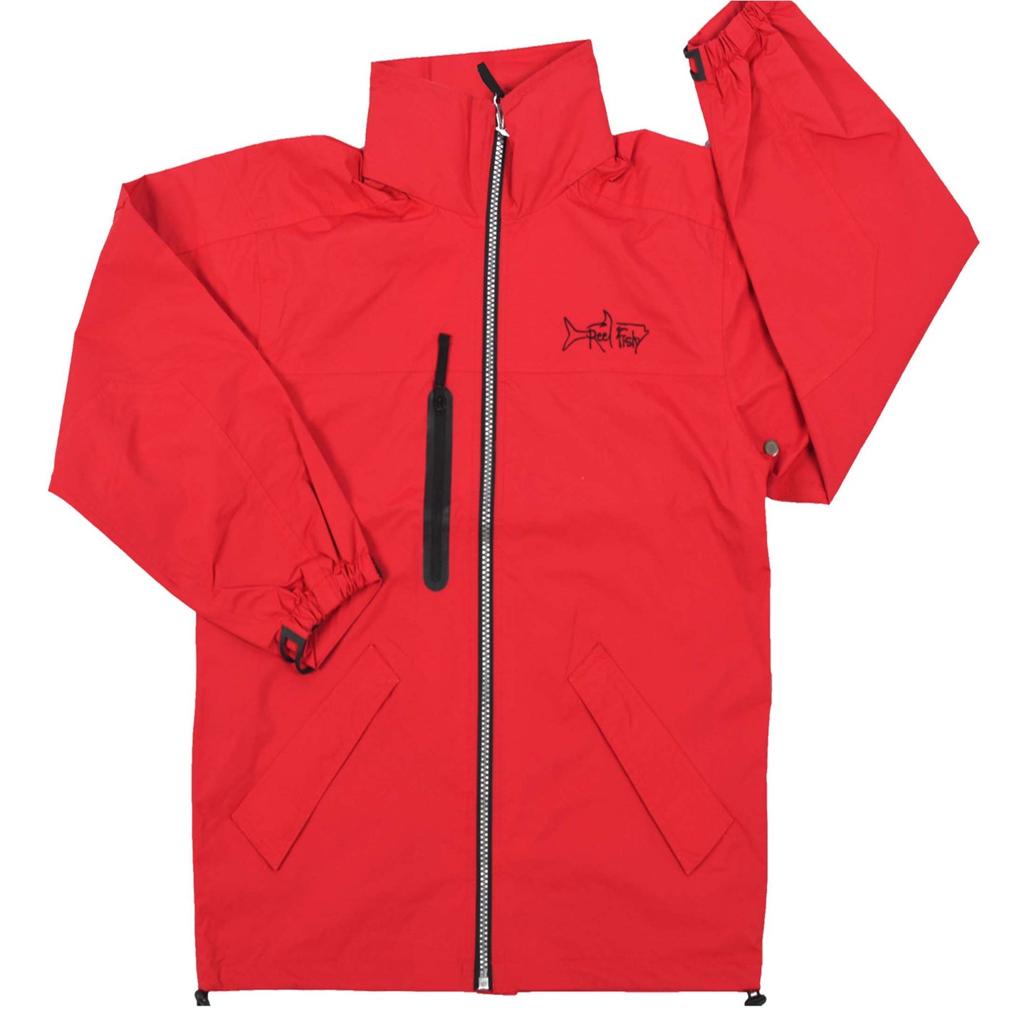 Red Rain Jacket with Reel Fishy Tarpon embroidery