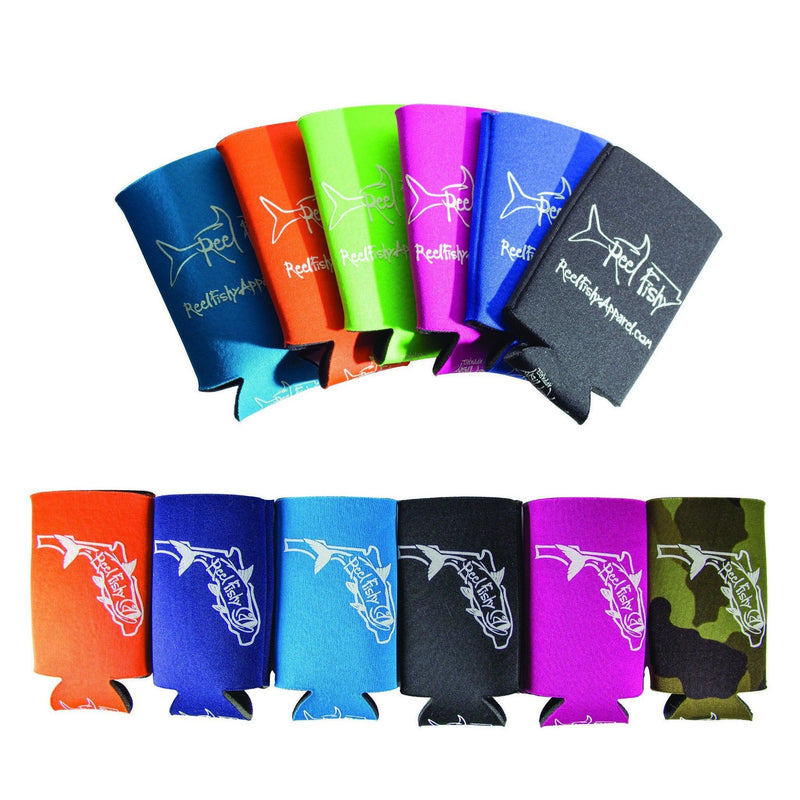 Reel Fishy Skinny Koozies in multiple vibrant colors including Pink, Lime, Orange, Light Blue, Purple, Red, and Camo