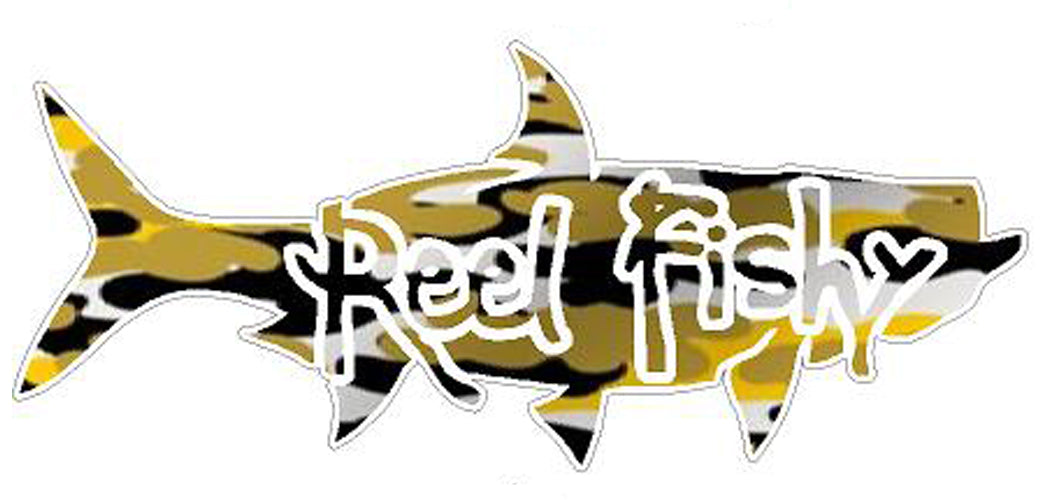 Reel Fishy Tarpon Fishing Vinyl Decal in Black/Gold Camo