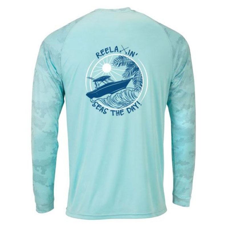 Unisex Aqua Blue Digital Camo Performance Long Sleeve Shirts with Reelaxin' Seas the Day logo on back