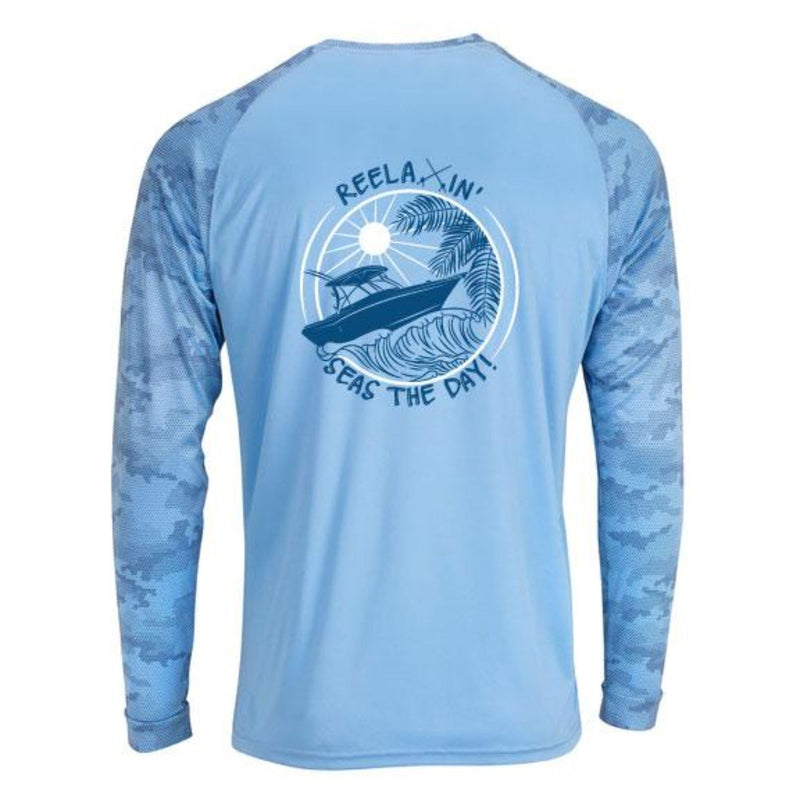 Unisex Blue Mist Digital Camo Performance Long Sleeve Shirts with Reelaxin' Seas the Day logo on back