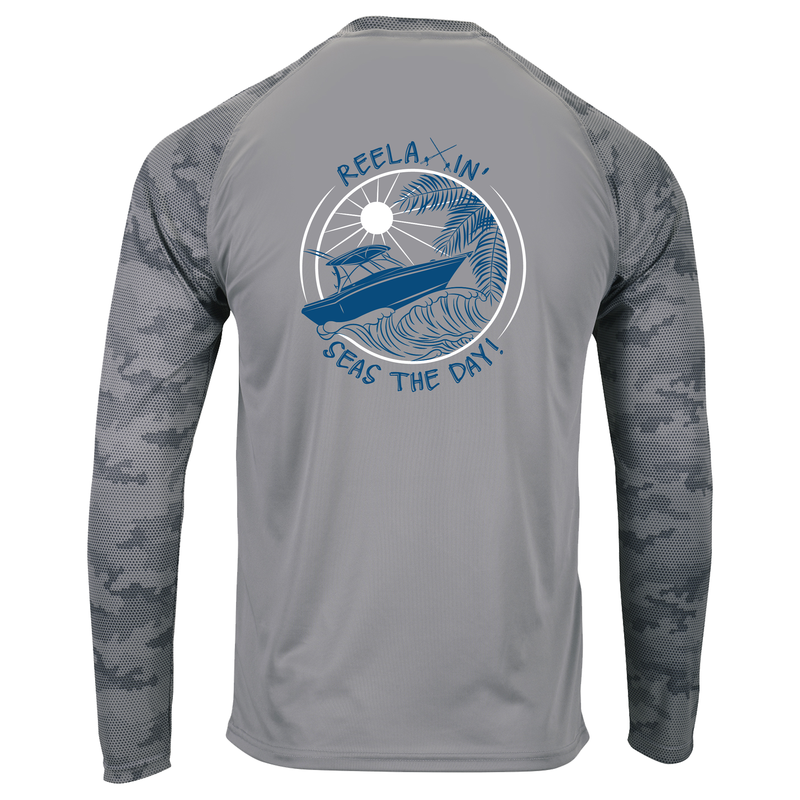 Unisex Dark Gray Digital Camo Performance Long Sleeve Shirts with Reelaxin' Seas the Day logo on back