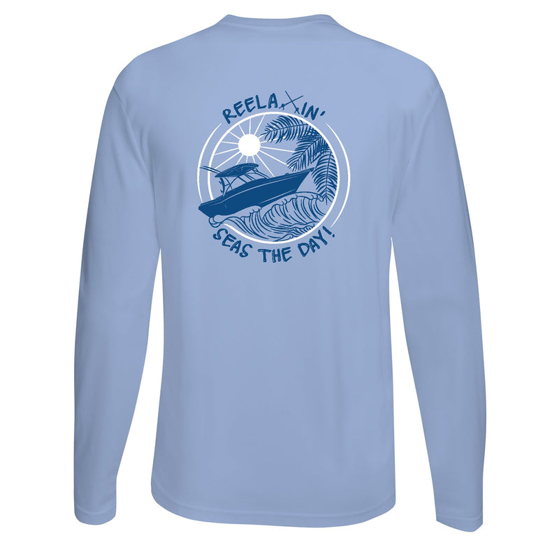 Unisex Light Blue Performance Long Sleeve Shirts with Reelaxin' Seas the Day logo on back