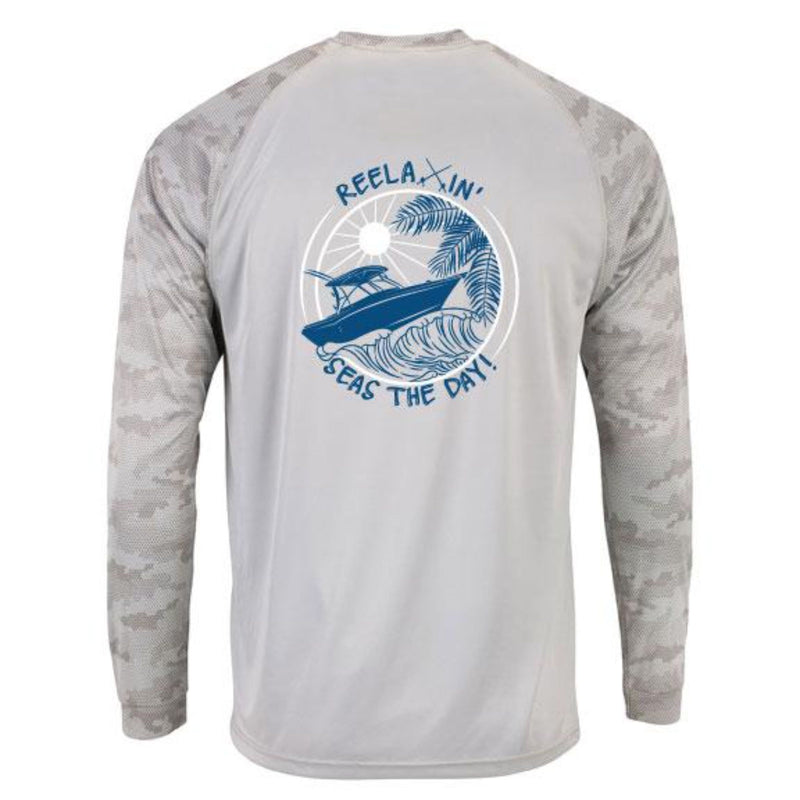 Unisex Light Gray Digital Camo Performance Long Sleeve Shirts with Reelaxin' Seas the Day logo on back