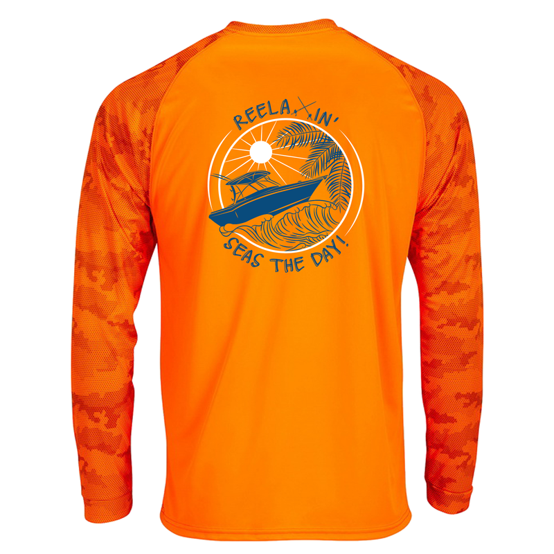 Unisex neon orange camo long sleeve performance shirt with Reelaxin' Seas the Day logo on back