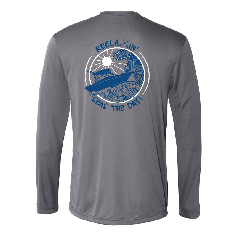 Unisex Gray Performance Long Sleeve Shirts with Reelaxin' Seas the Day logo on back
