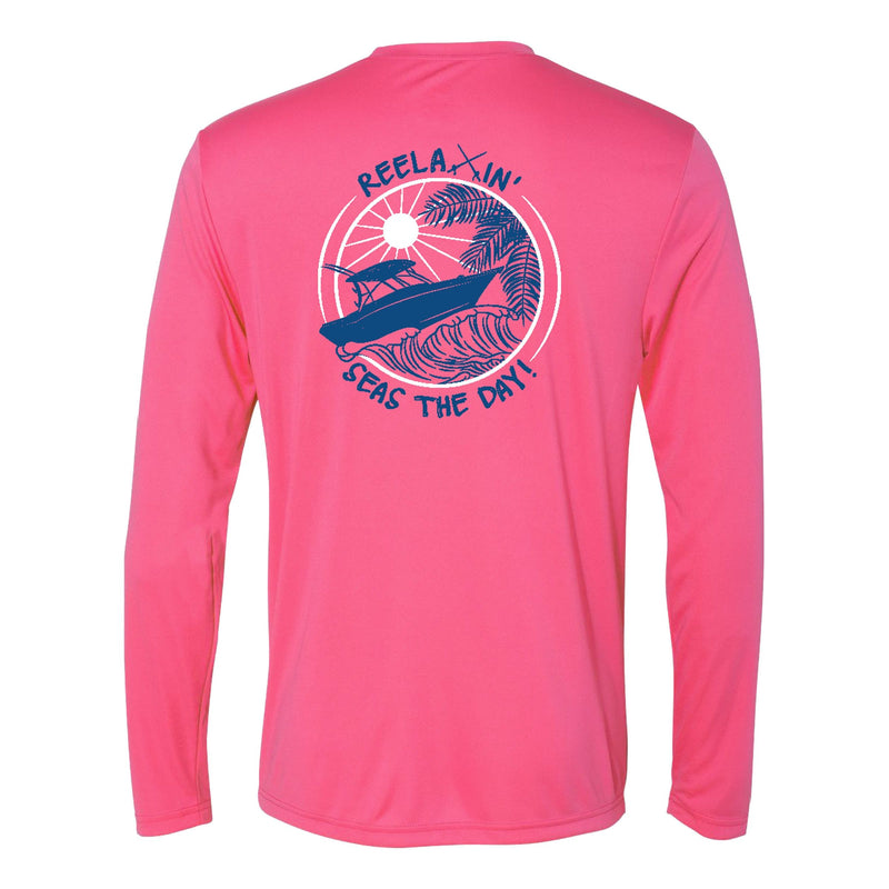 Unisex pink long sleeve performance shirt with Reelaxin' Seas the Day logo on back