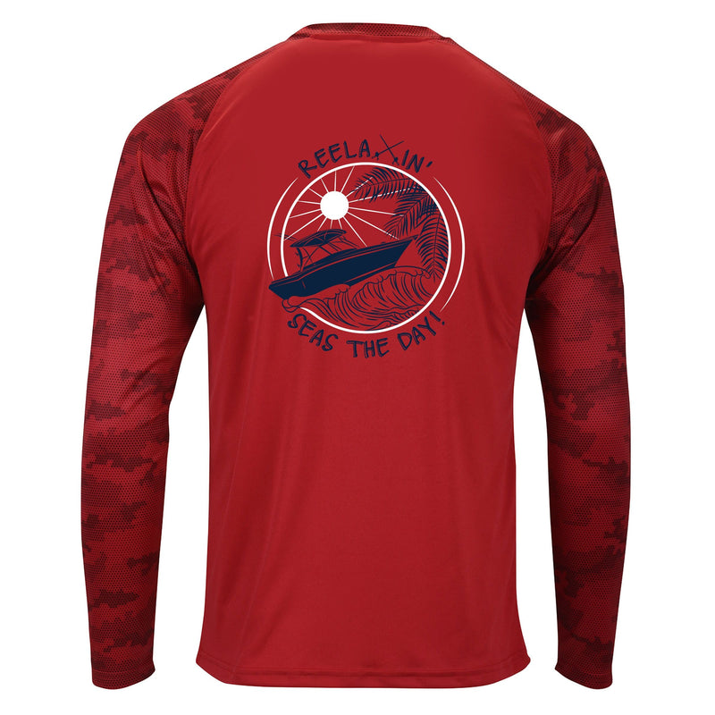 Unisex Red Digital Camo Performance Long Sleeve Shirts with Reelaxin' Seas the Day logo on back