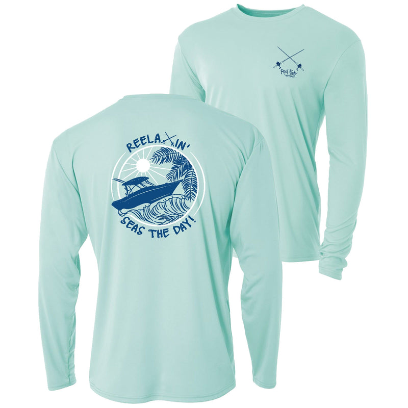 Unisex seagrass long sleeve performance shirt with Reelaxin' Seas the Day logo on back