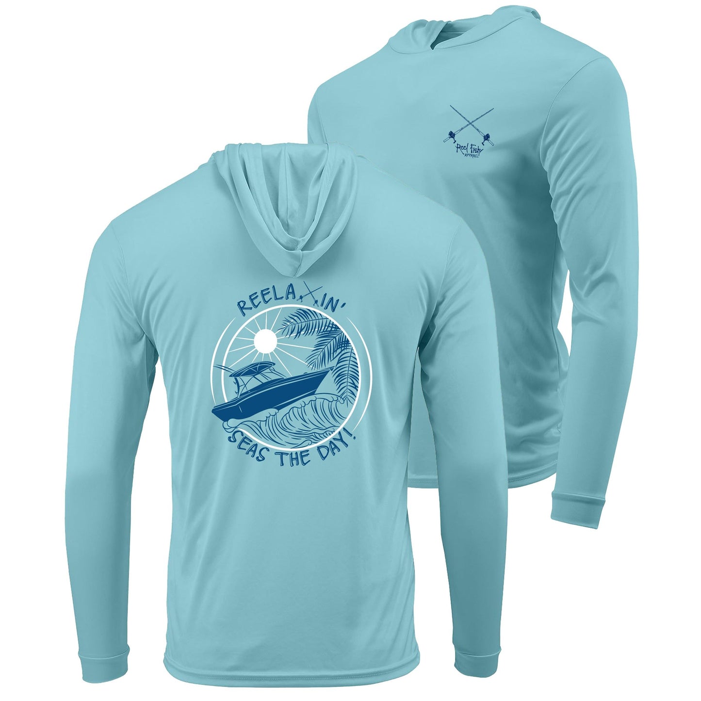 Aqua Blue Reelaxin' Seas the Day Boat motif dri-fit 50+ sun protection long sleeve hoodie