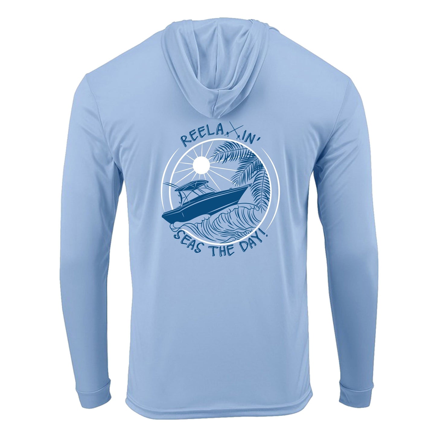 Light Blue Reelaxin' Seas the Day Boat motif dri-fit 50+ sun protection long sleeve hoodie