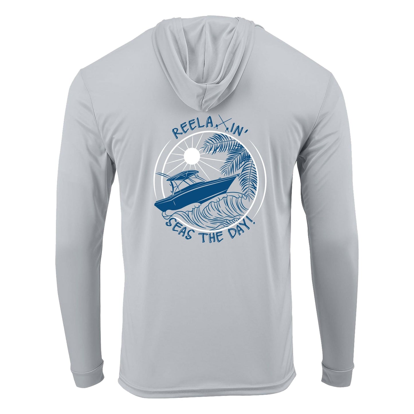Light Gray Reelaxin' Seas the Day Boat motif dri-fit 50+ sun protection long sleeve hoodie