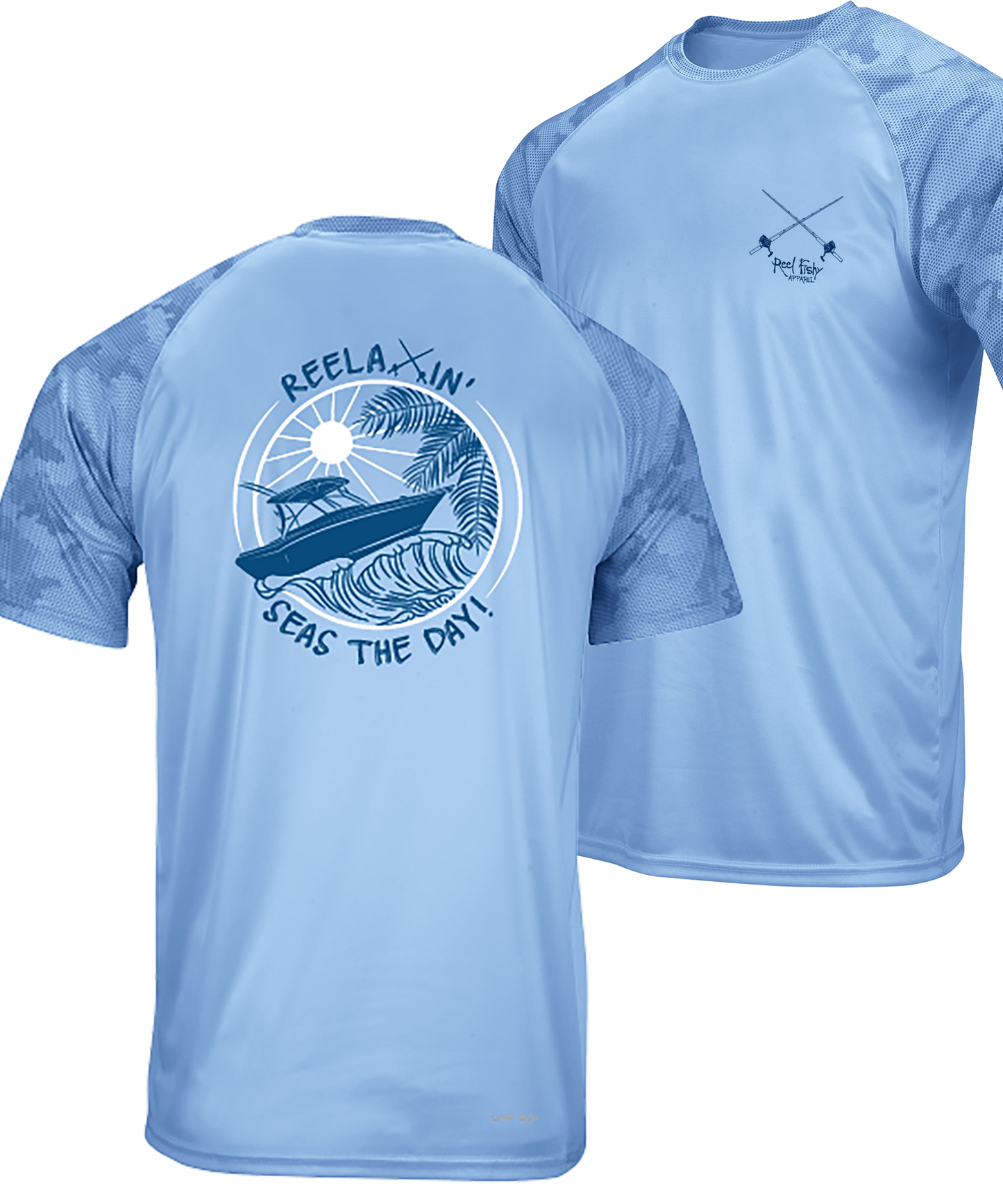 Blue Mist Cayman Digital Camo Reelaxin' Performance Dry-Fit Fishing Short Sleeve Shirts, 50+ UPF Sun Protection - Reel Fishy Apparel