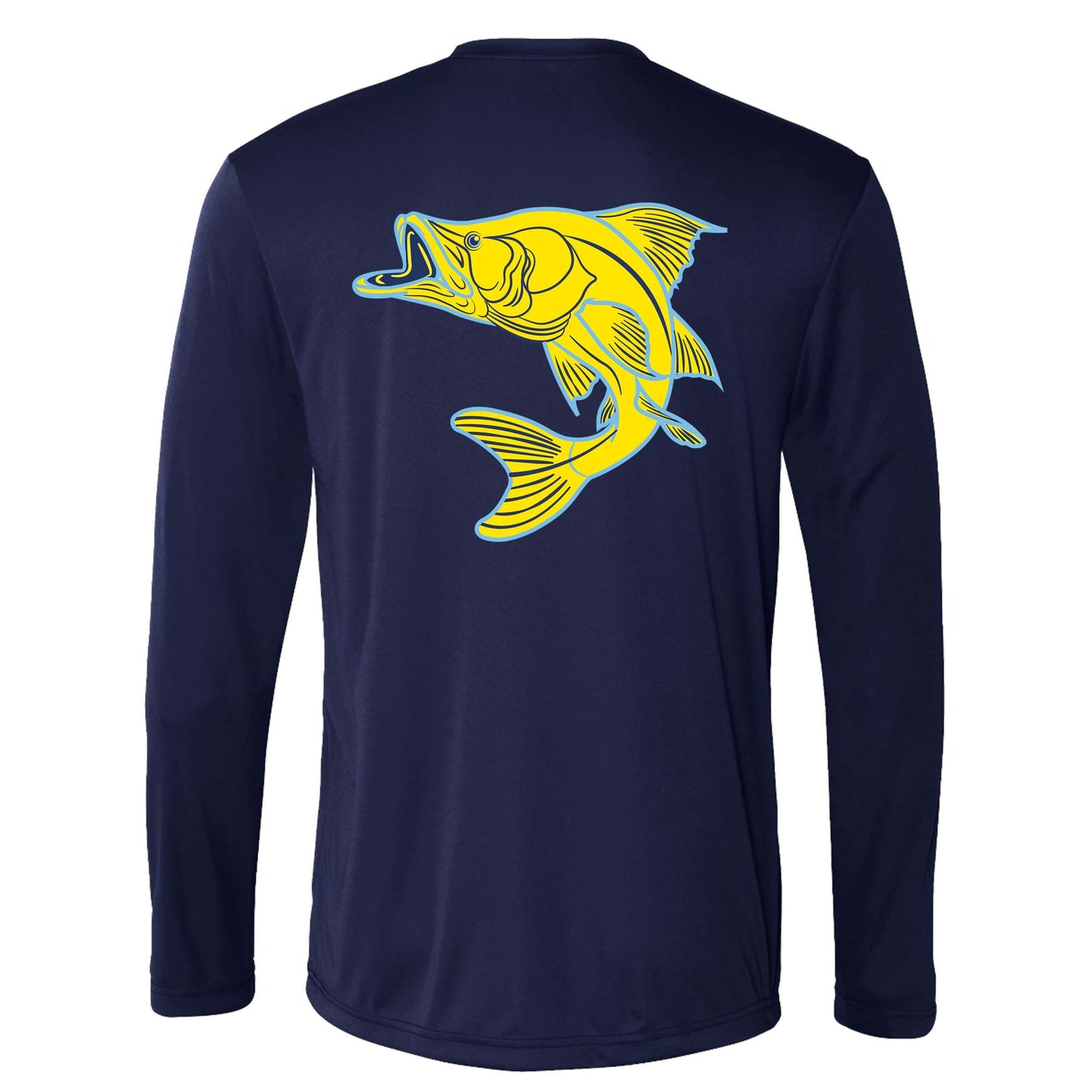 Unisex navy long sleeve performance sun shirt with Snook design