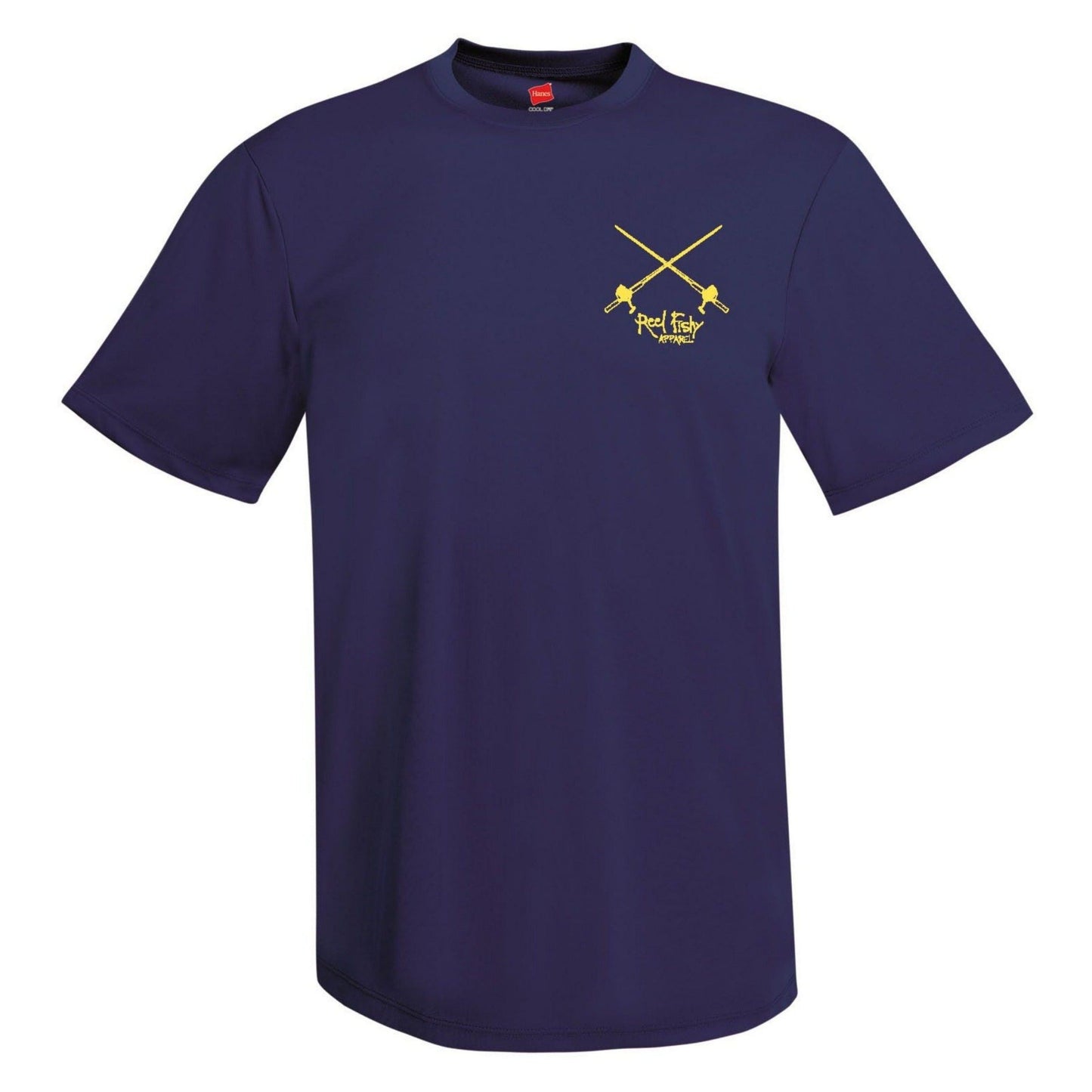 Front navy short sleeve performance sun shirt with Reel Fishy Salt Rods Logo