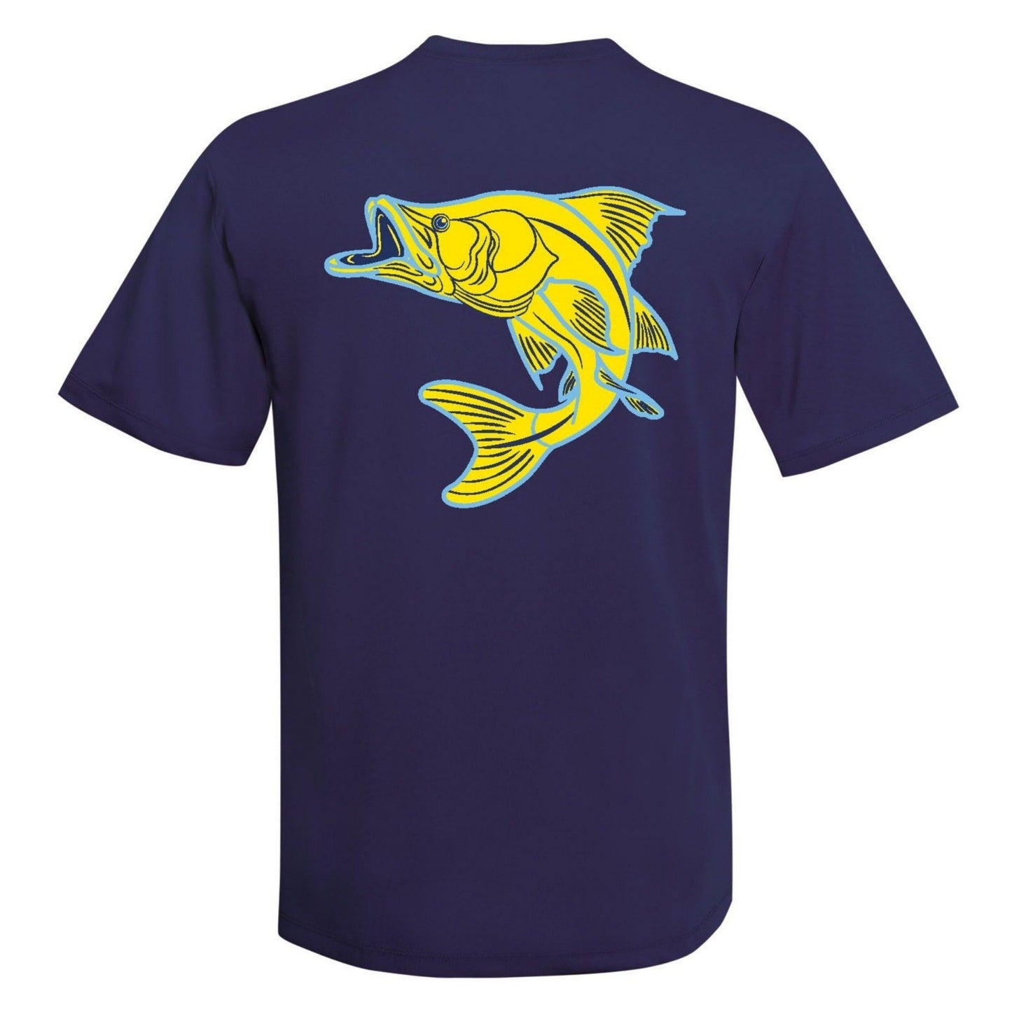 Unisex navy short sleeve performance sun shirt with Snook design