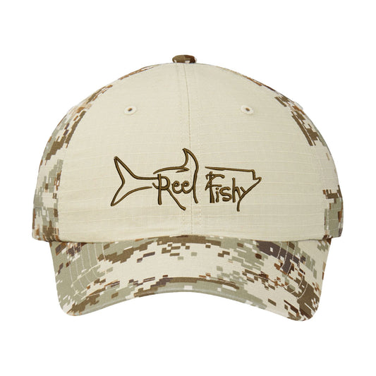 Tan Digital Camo Unstructured Dad Hat with Brown Reel Fishy Tarpon Logo