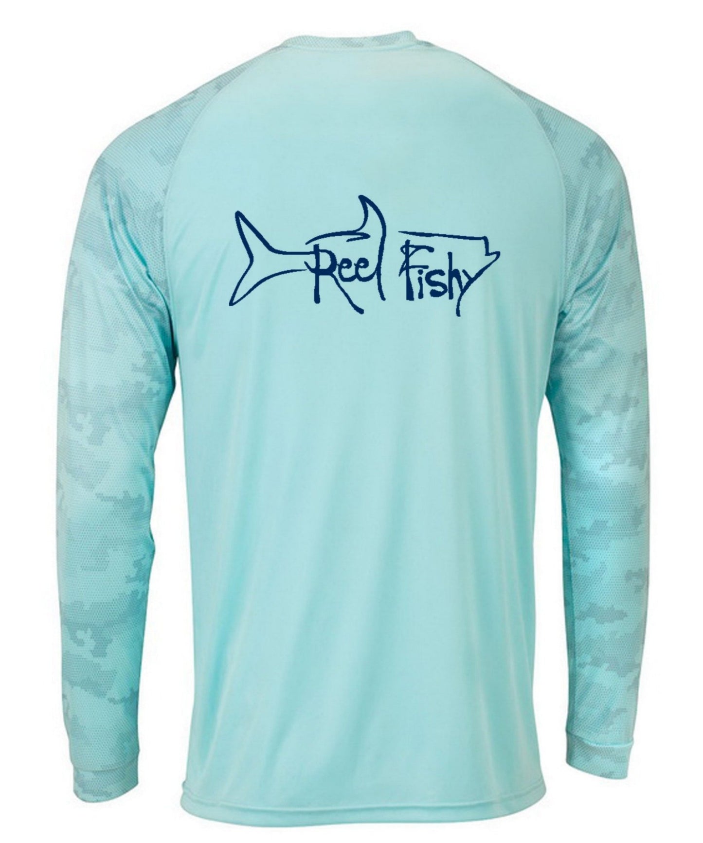 Reel Fishy Tarpon Digital Camo Dry-Fit Long Sleeve Shirt in Aqua Blue color with 50+ UPF protection