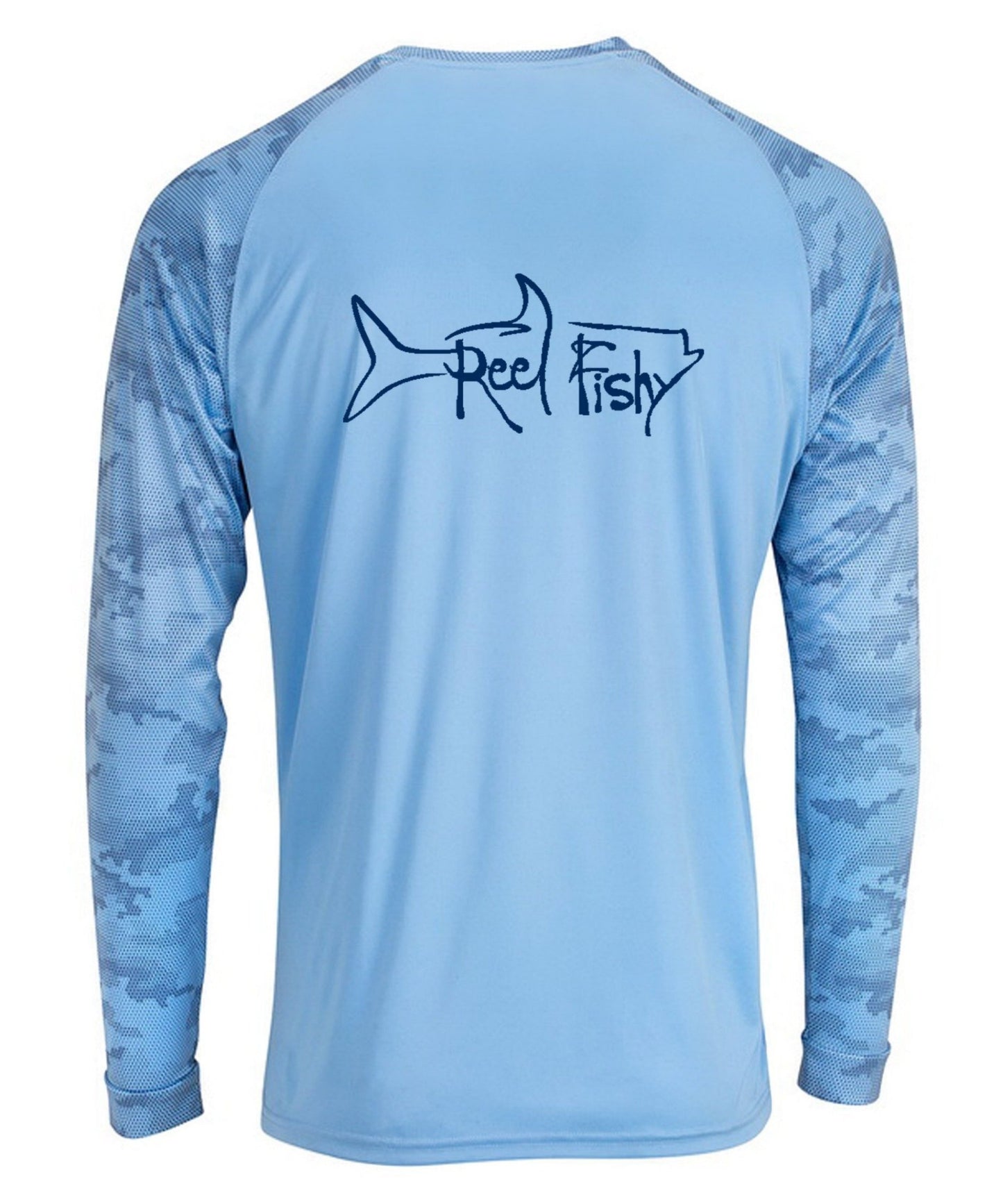 Reel Fishy Tarpon Digital Camo Dry-Fit Long Sleeve Shirt in Blue Mist color with 50+ UPF protection