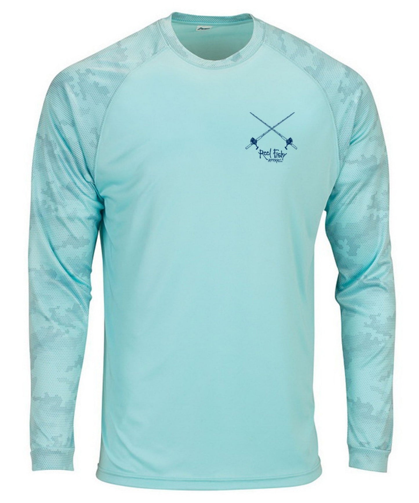 Front view of Reel Fishy Tarpon Salt Rods logo on Digital Camo Dry-Fit Long Sleeve Shirt in Aqua Blue with 50+ UPF sun protection.