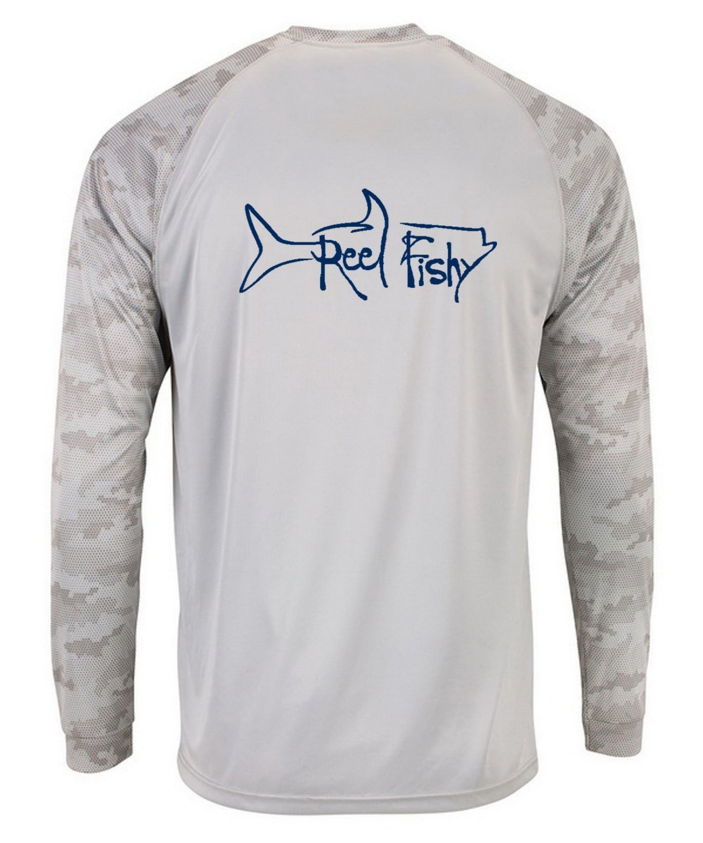 Reel Fishy Tarpon Digital Camo Dry-Fit Long Sleeve Shirt in Light Gray color with 50+ UPF protection