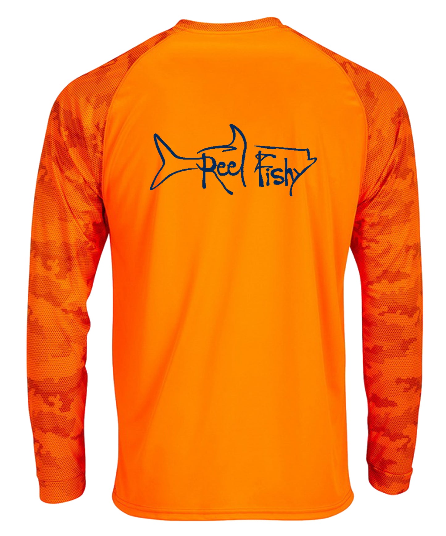 Reel Fishy Tarpon Digital Camo Dry-Fit Long Sleeve Shirt in Neon Orange color with 50+ UPF protection
