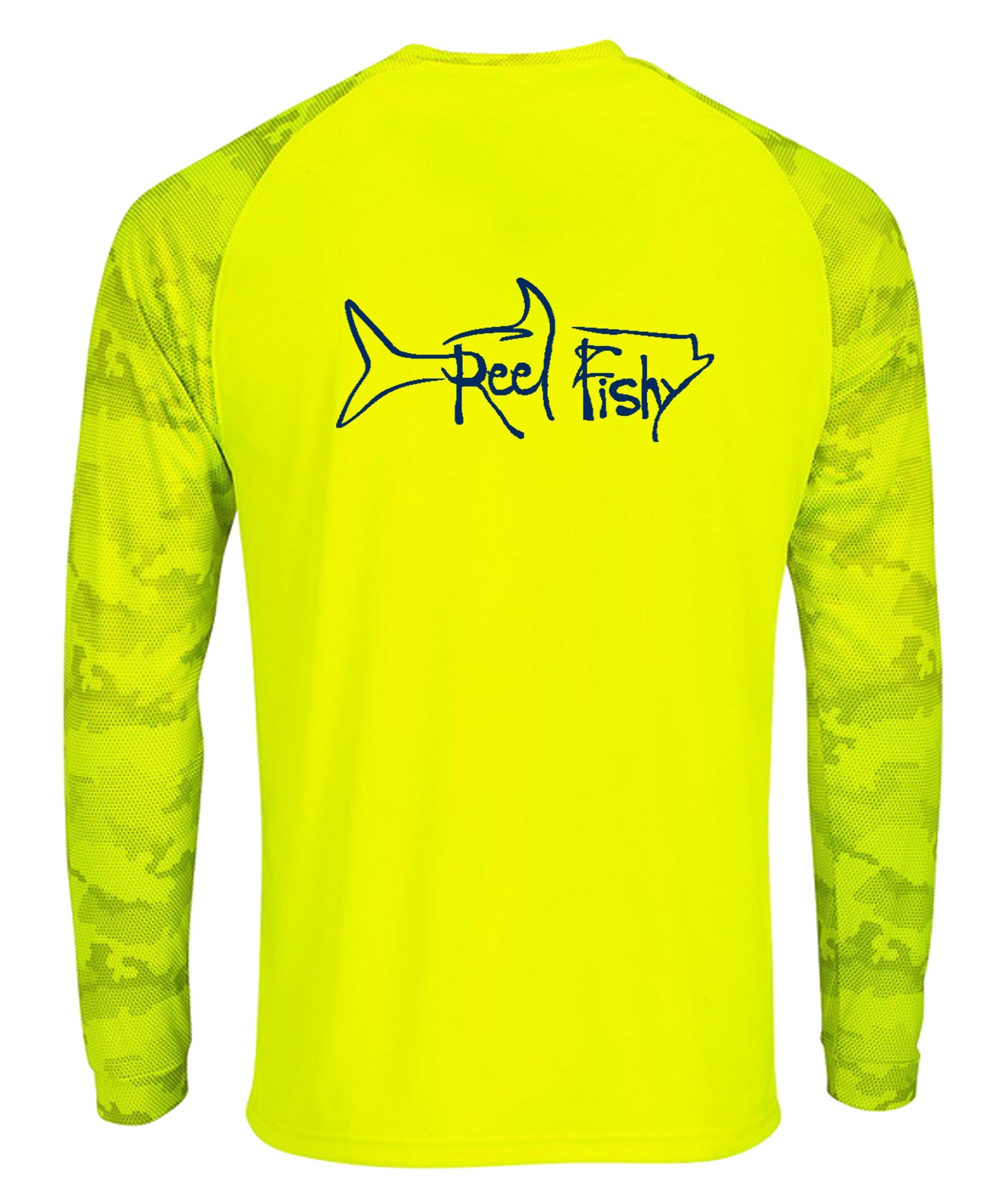 Reel Fishy Tarpon Digital Camo Dry-Fit Long Sleeve Shirt in Neon Yellow color with 50+ UPF protection