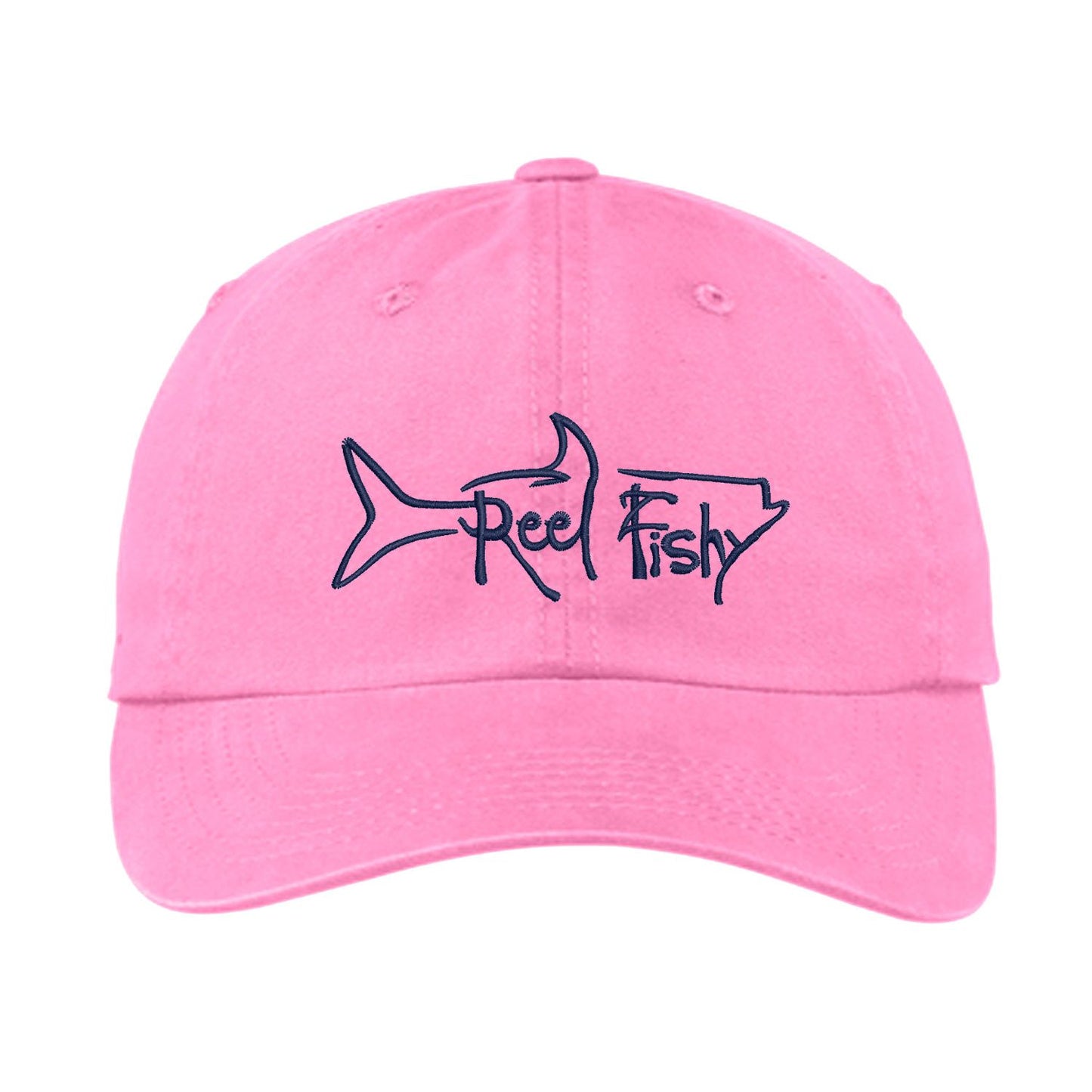 Pink Unstructured Dad Hat with Navy Reel Fishy Tarpon Logo