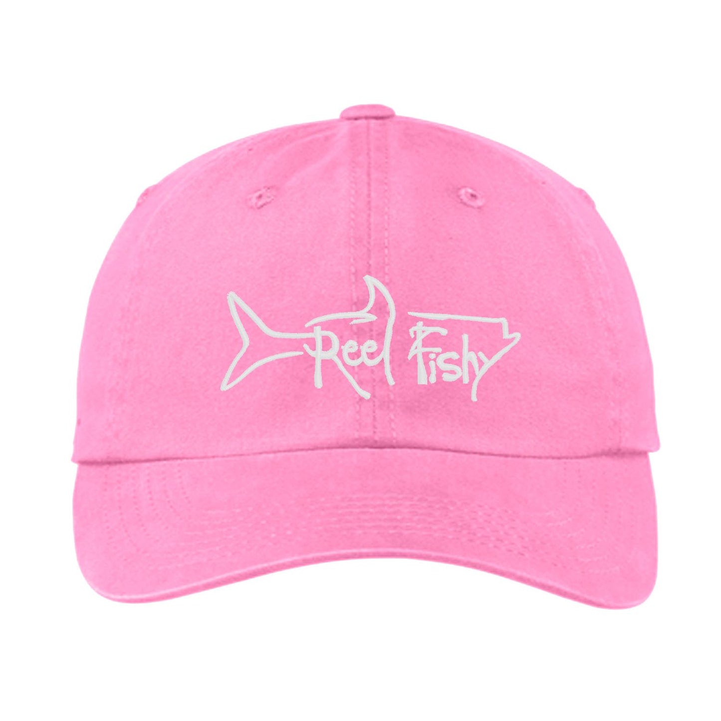 Pink Unstructured Dad Hat with White Reel Fishy Tarpon Logo