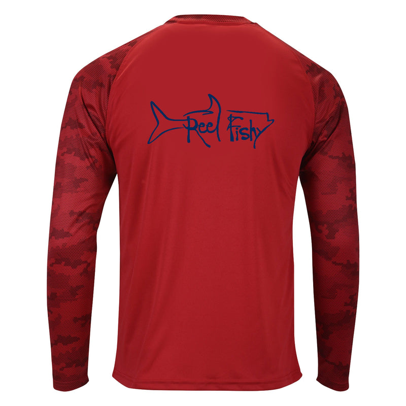 Reel Fishy Tarpon Digital Camo Dry-Fit Long Sleeve Shirt in Red color with 50+ UPF protection