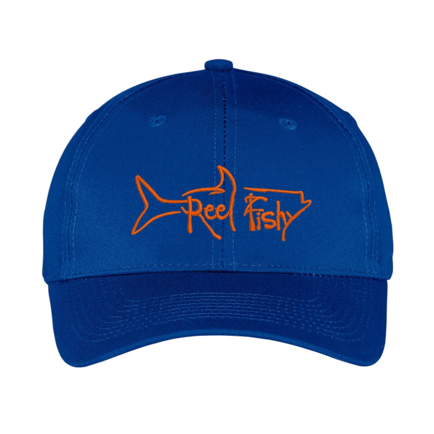 Royal Blue Unstructured Dad Hat with Orange Reel Fishy Tarpon Logo