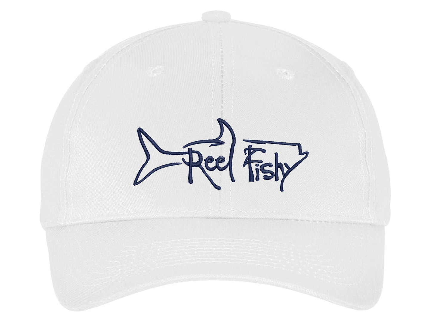 White Unstructured Dad Hat with Navy Reel Fishy Tarpon Logo